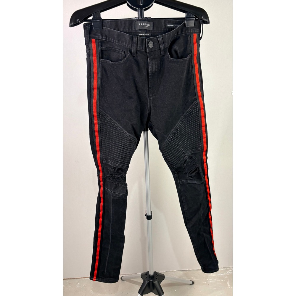 PacSun Mens Stacked Skinny Black Moto Jeans Red Side Stripe Distressed 31x32.5